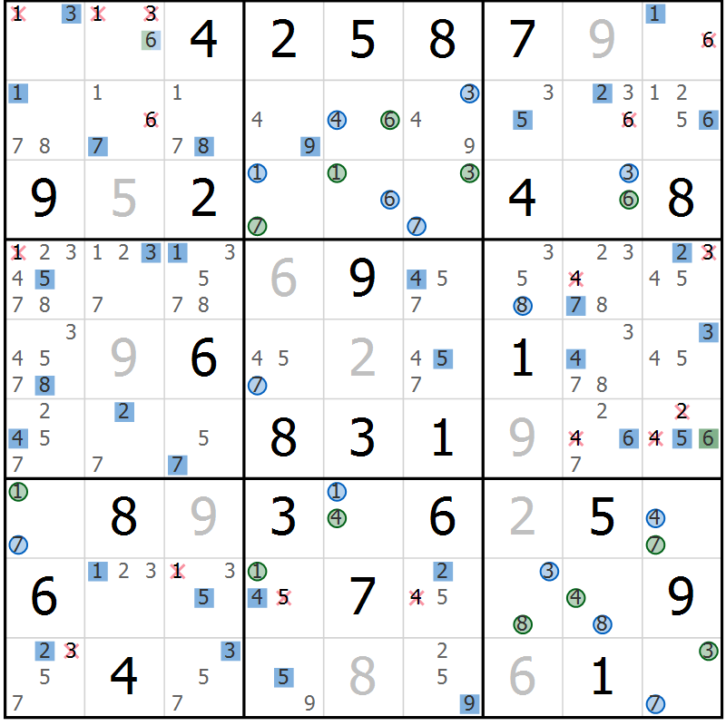 Position des candidats pour la solution de la Gr 61 page 64 du magazine de sudoku Sudoku Suprême n° 039