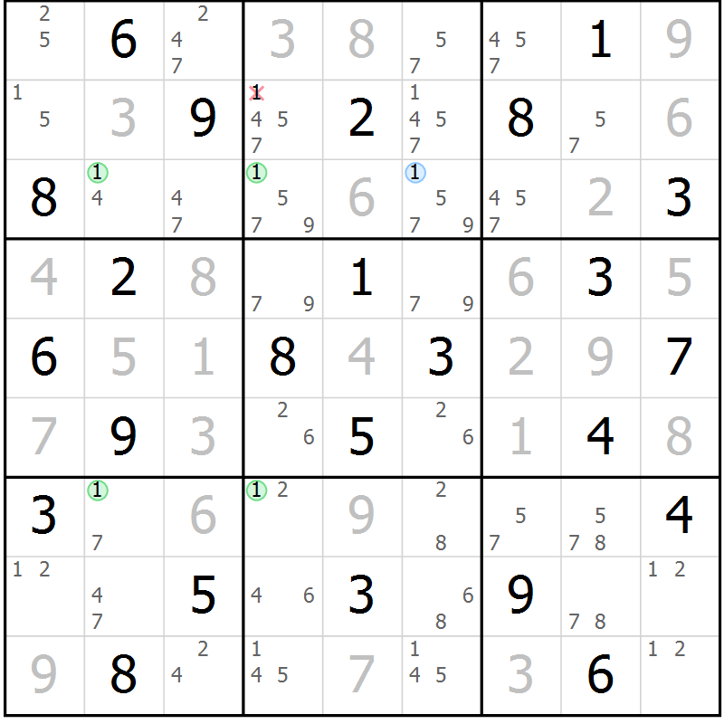 Position des candidats pour la solution de la Gr 62 page 65 du magazine de sudoku Sudoku Suprême n° 039