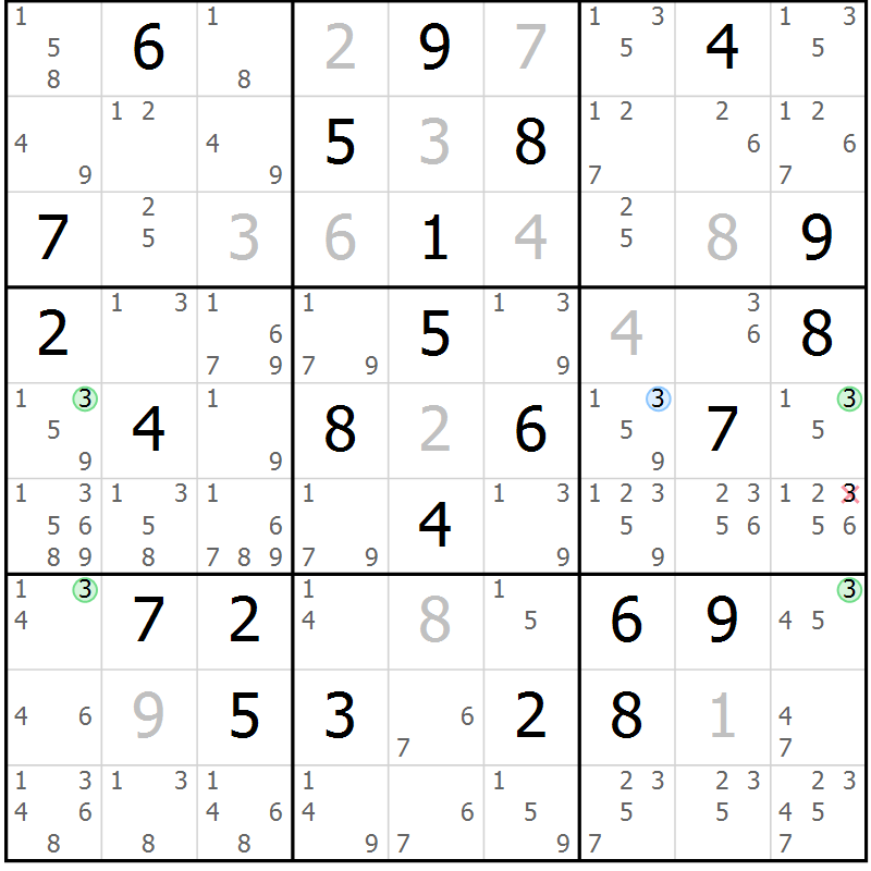 Position des candidats pour la solution de la Gr 63 page 66 du magazine de sudoku Sudoku Suprême n° 039