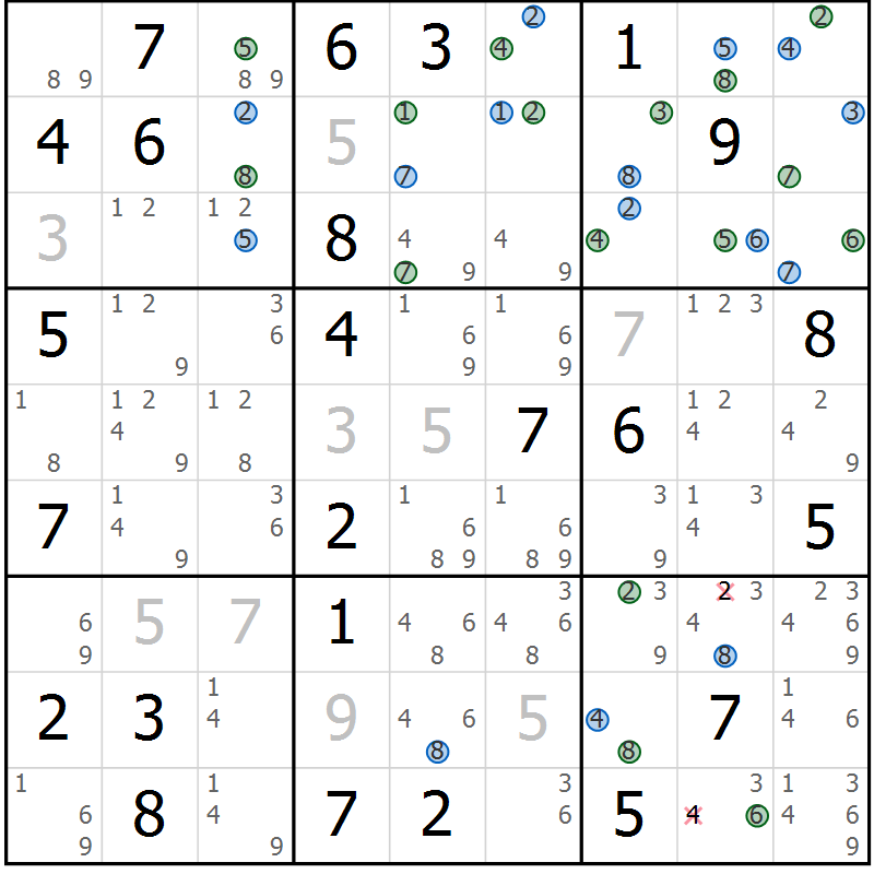 Position des candidats pour la solution de la Gr 64 page 67 du magazine de sudoku Sudoku Suprême n° 039