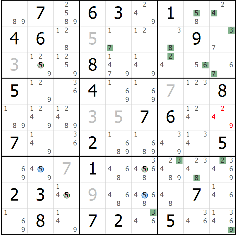 Position des candidats pour la solution de la Gr 64 page 67 du magazine de sudoku Sudoku Suprême n° 039