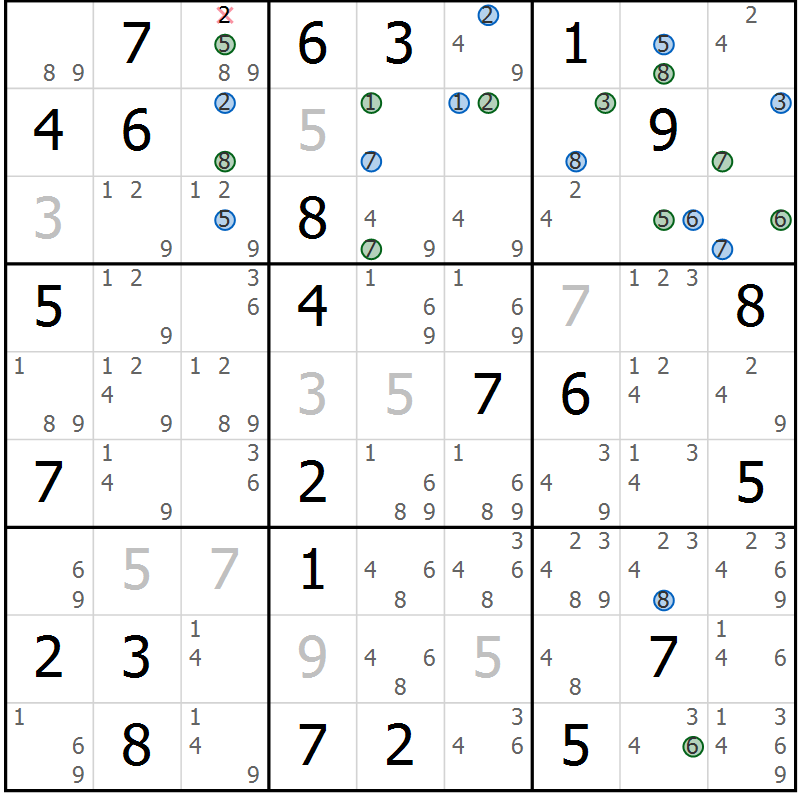 Position des candidats pour la solution de la Gr 64 page 67 du magazine de sudoku Sudoku Suprême n° 039