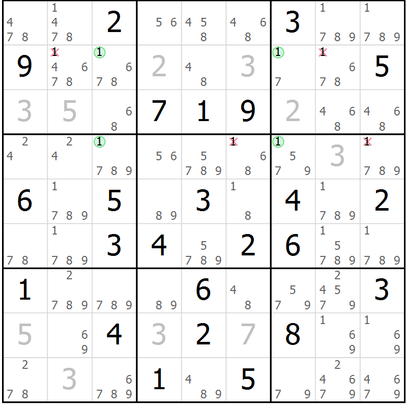 Position des candidats pour la solution de la Gr 65 page 68 du magazine de sudoku Sudoku Suprême n° 039
