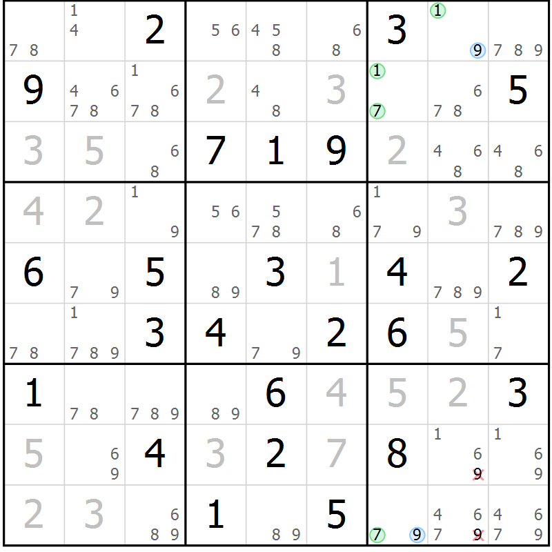 Position des candidats pour la solution de la Gr 65 page 68 du magazine de sudoku Sudoku Suprême n° 039