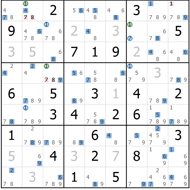Position des candidats pour la solution de la Gr 65 page 68 du magazine de sudoku Sudoku Suprême n° 039