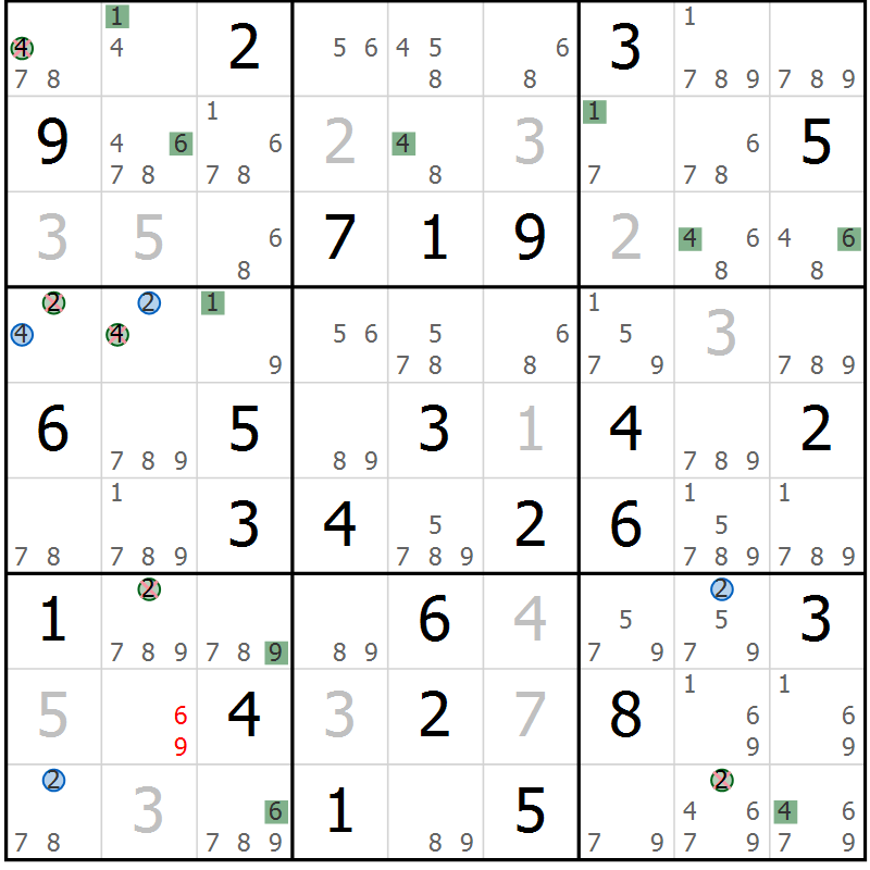 Position des candidats pour la solution de la Gr 65 page 68 du magazine de sudoku Sudoku Suprême n° 039