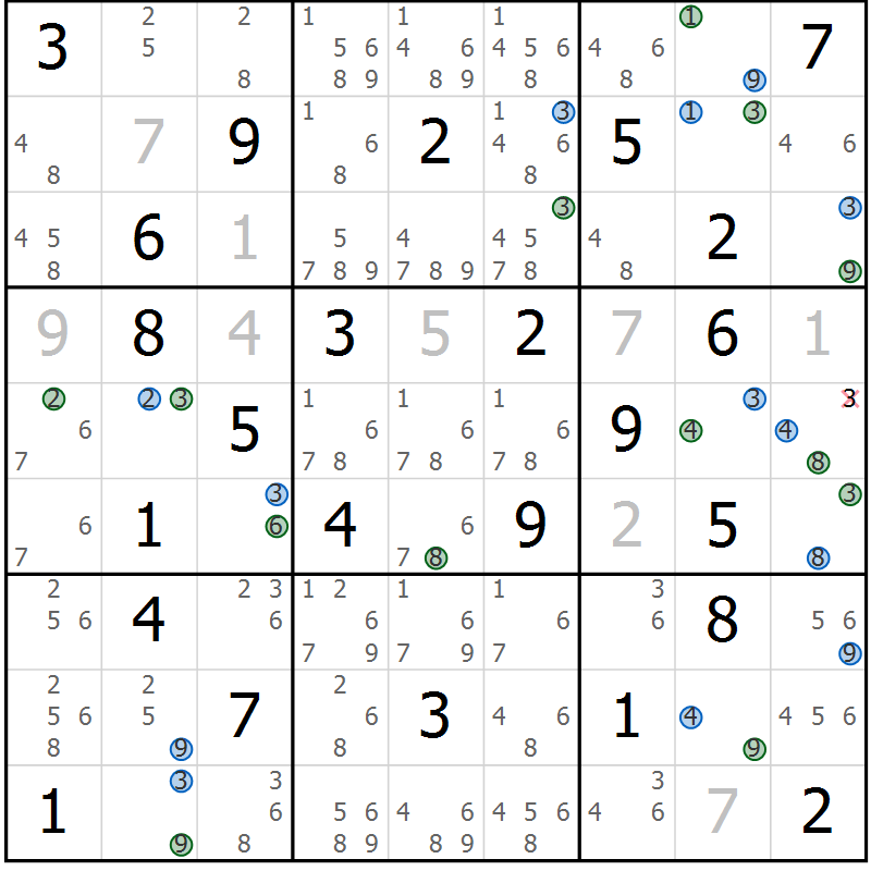Position des candidats pour la solution de la Gr 68 page 71 du magazine de sudoku Sudoku Suprême n° 039