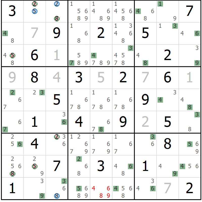 Position des candidats pour la solution de la Gr 68 page 71 du magazine de sudoku Sudoku Suprême n° 039