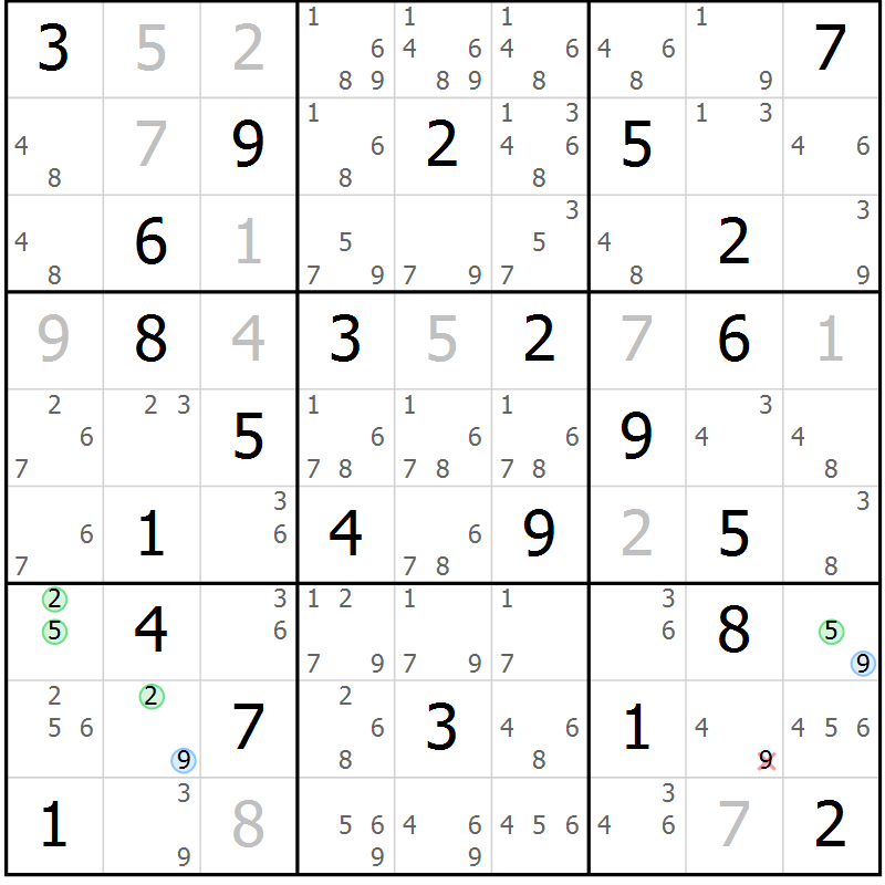 Position des candidats pour la solution de la Gr 68 page 71 du magazine de sudoku Sudoku Suprême n° 039