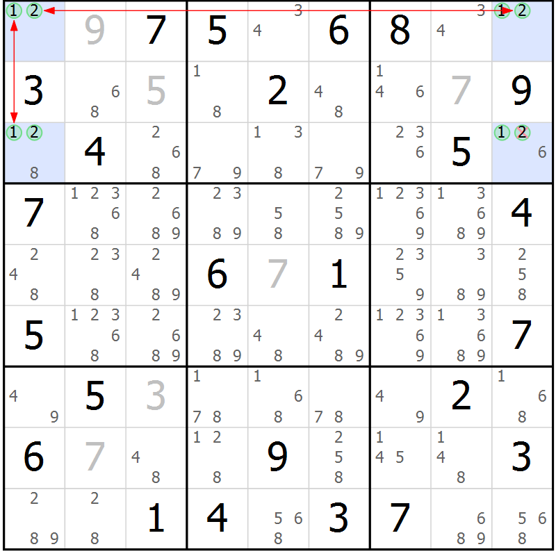 Position des candidats pour la solution de la Gr 69 page 72 du magazine de sudoku Sudoku Suprême n° 039