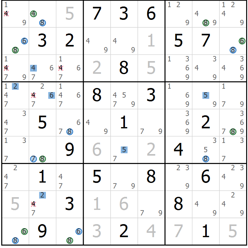 Position des candidats pour la solution de la Gr 70 page 73 du magazine de sudoku Sudoku Suprême n° 039