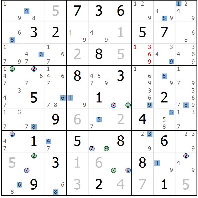 Position des candidats pour la solution de la Gr 70 page 73 du magazine de sudoku Sudoku Suprême n° 039