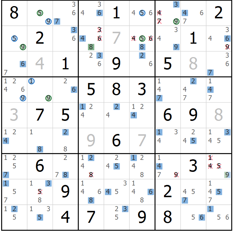 Position des candidats pour la solution de la Gr 72 page 75 du magazine de sudoku Sudoku Suprême n° 039