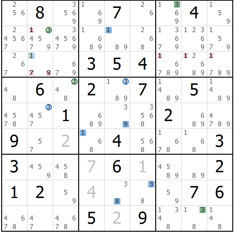 Position des candidats pour la solution de la Gr 73 page 76 du magazine de sudoku Sudoku Suprême n° 039