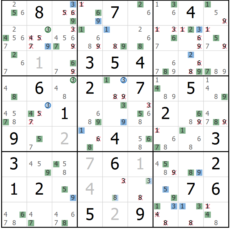 Position des candidats pour la solution de la Gr 73 page 76 du magazine de sudoku Sudoku Suprême n° 039