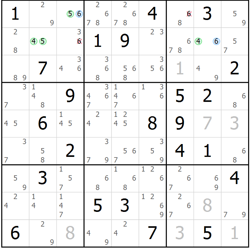 Position des candidats pour la solution de la Gr 75 page 78 du magazine de sudoku Sudoku Suprême n° 039