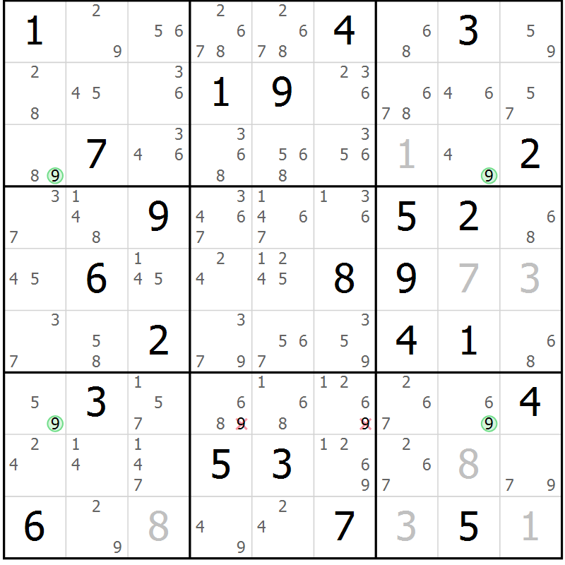 Position des candidats pour la solution de la Gr 75 page 78 du magazine de sudoku Sudoku Suprême n° 039