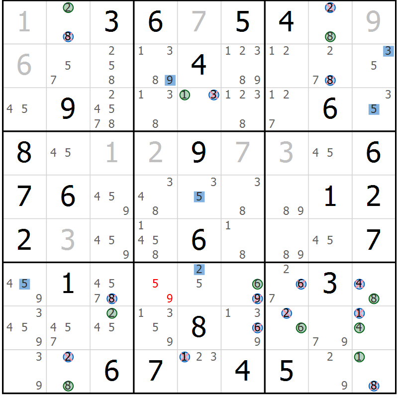 Position des candidats pour la solution de la Gr 77 page 80 du magazine de sudoku Sudoku Suprême n° 039