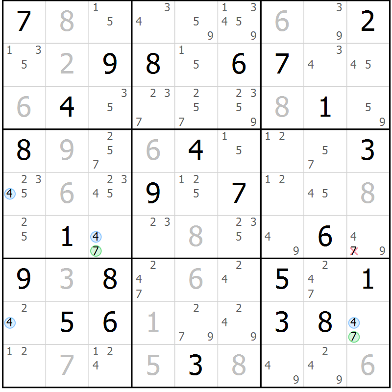 Position des candidats pour la solution de la Gr 78 page 81 du magazine de sudoku Sudoku Suprême n° 039