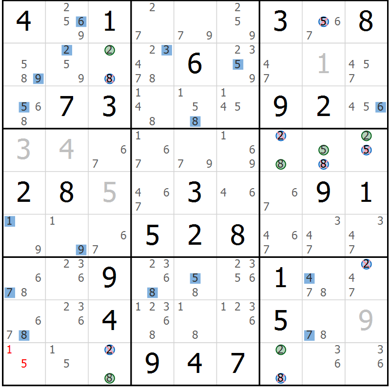 Position des candidats pour la solution de la Gr 79 page 82 du magazine de sudoku Sudoku Suprême n° 039