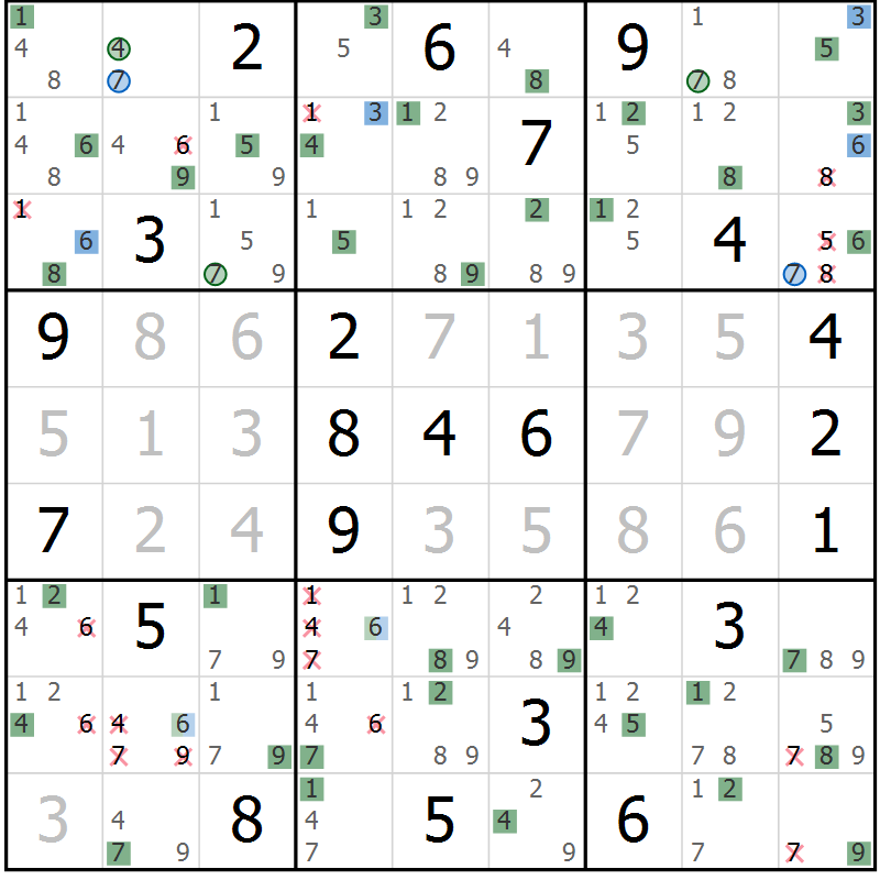 Position des candidats pour la solution de la Gr 8 page 11 du magazine de sudoku Sudoku Suprême n° 039