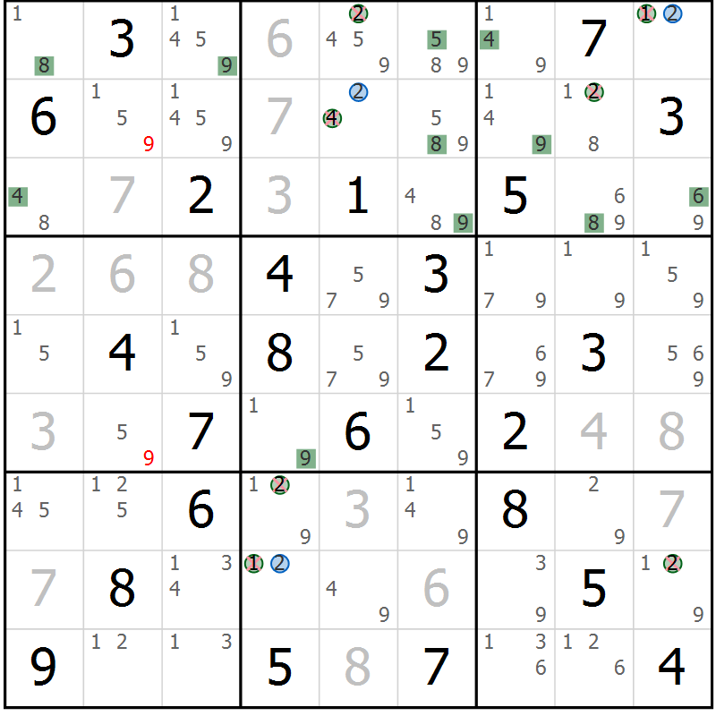 Position des candidats pour la solution de la Gr 80 page 83 du magazine de sudoku Sudoku Suprême n° 039