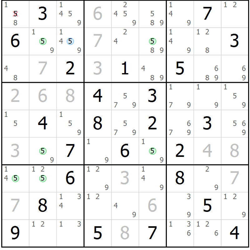 Position des candidats pour la solution de la Gr 80 page 83 du magazine de sudoku Sudoku Suprême n° 039