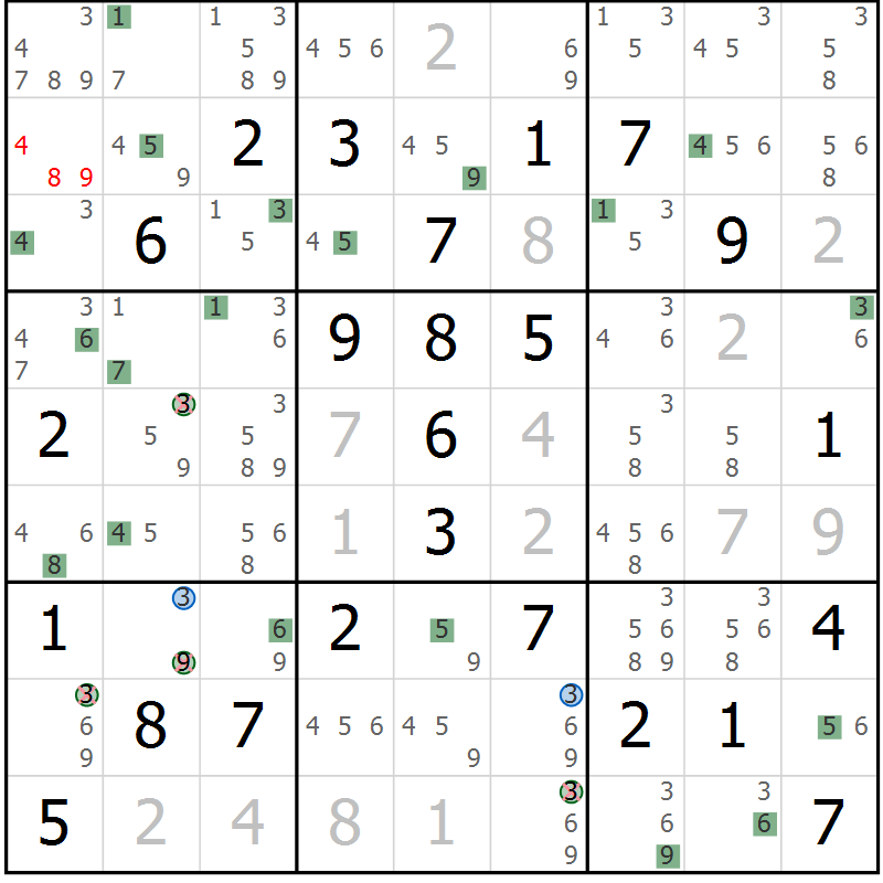 Position des candidats pour la solution de la Gr 81 page 84 du magazine de sudoku Sudoku Suprême n° 039