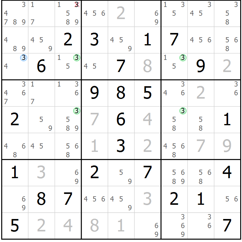 Position des candidats pour la solution de la Gr 81 page 84 du magazine de sudoku Sudoku Suprême n° 039