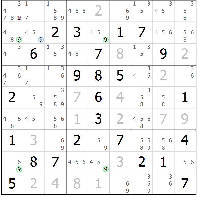 Position des candidats pour la solution de la Gr 81 page 84 du magazine de sudoku Sudoku Suprême n° 039