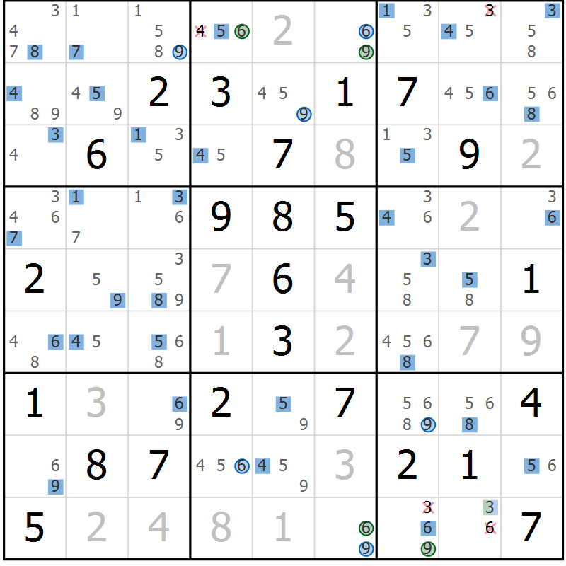 Position des candidats pour la solution de la Gr 81 page 84 du magazine de sudoku Sudoku Suprême n° 039