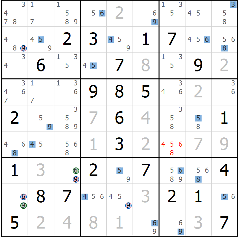 Position des candidats pour la solution de la Gr 81 page 84 du magazine de sudoku Sudoku Suprême n° 039