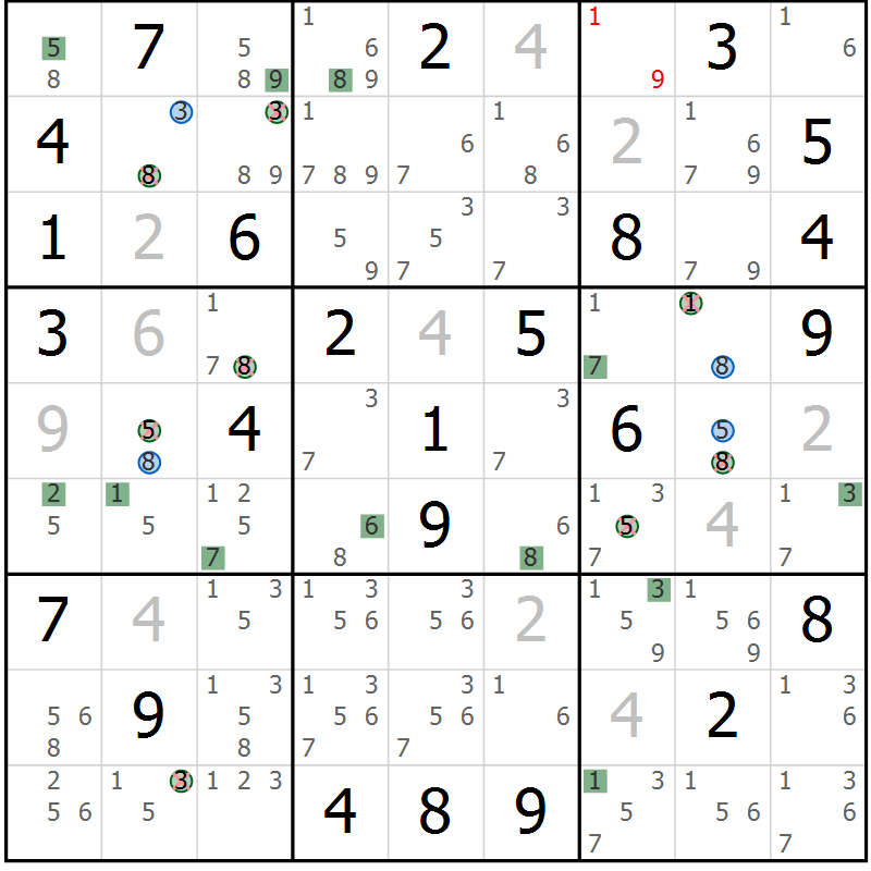 Position des candidats pour la solution de la Gr 82 page 85 du magazine de sudoku Sudoku Suprême n° 039