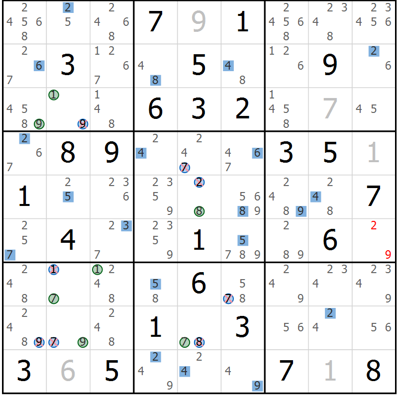 Position des candidats pour la solution de la Gr 84 page 87 du magazine de sudoku Sudoku Suprême n° 039