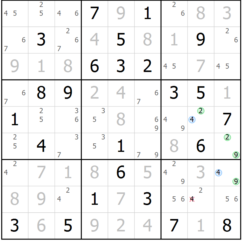 Position des candidats pour la solution de la Gr 84 page 87 du magazine de sudoku Sudoku Suprême n° 039