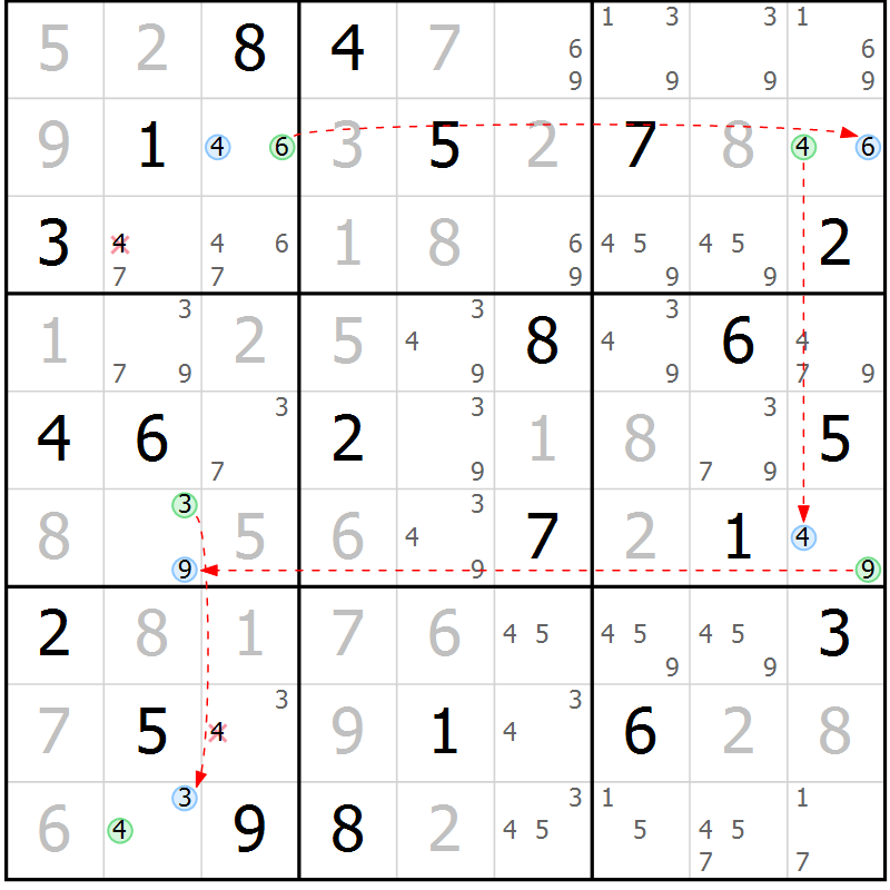 Position des candidats pour la solution de la Gr 10 page 13 du magazine de sudoku Sudoku Suprême n° 040