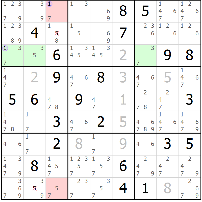 Position des candidats pour la solution de la Gr 15 page 18 du magazine de sudoku Sudoku Suprême n° 040