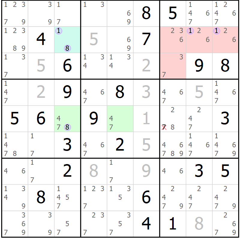 Position des candidats pour la solution de la Gr 15 page 18 du magazine de sudoku Sudoku Suprême n° 040
