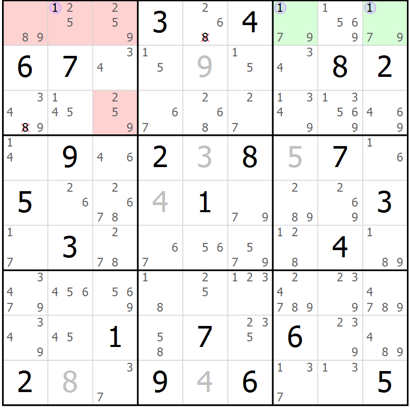 Position des candidats pour la solution de la Gr 19 page 22 du magazine de sudoku Sudoku Suprême n° 040