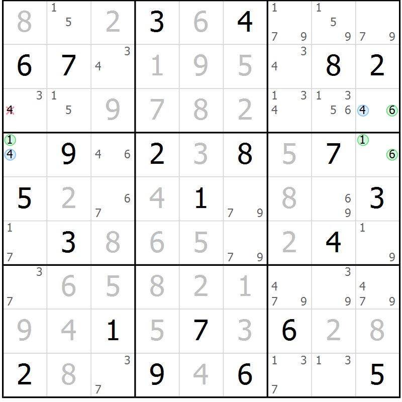 Position des candidats pour la solution de la Gr 19 page 22 du magazine de sudoku Sudoku Suprême n° 040
