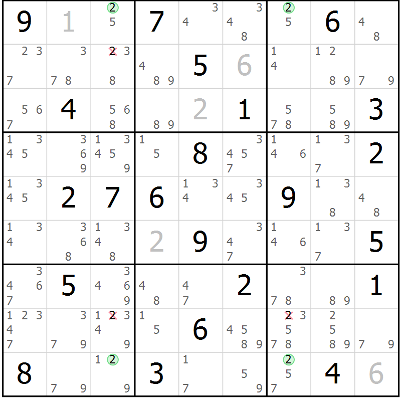 Position des candidats pour la solution de la Gr 2 page 5 du magazine de sudoku Sudoku Suprême n° 040