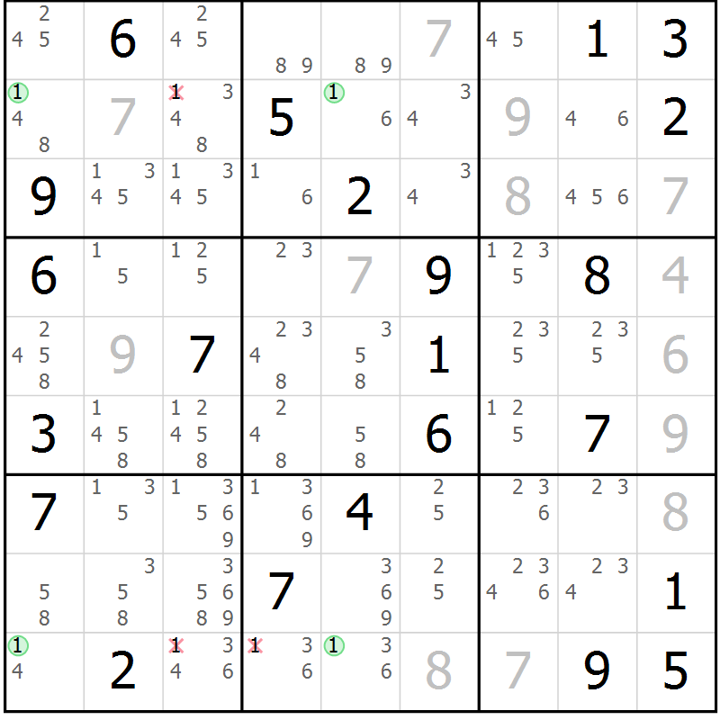 Position des candidats pour la solution de la Gr 22 page 25 du magazine de sudoku Sudoku Suprême n° 040