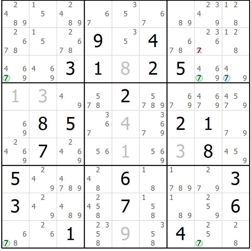 Position des candidats pour la solution de la Gr 23 page 26 du magazine de sudoku Sudoku Suprême n° 040