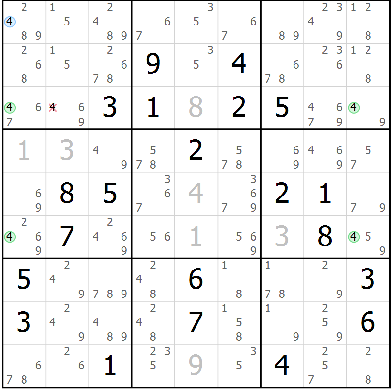 Position des candidats pour la solution de la Gr 23 page 26 du magazine de sudoku Sudoku Suprême n° 040