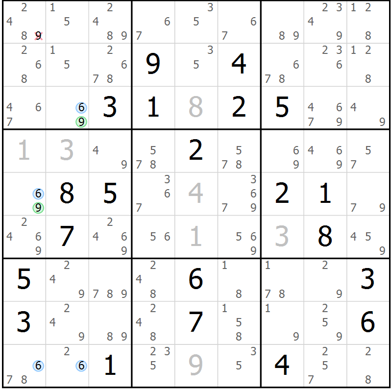 Position des candidats pour la solution de la Gr 23 page 26 du magazine de sudoku Sudoku Suprême n° 040