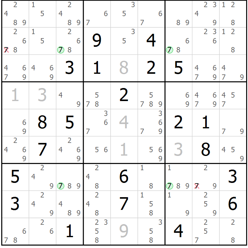 Position des candidats pour la solution de la Gr 23 page 26 du magazine de sudoku Sudoku Suprême n° 040