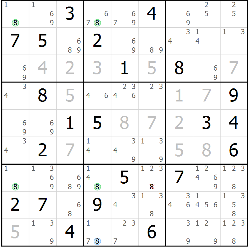 Position des candidats pour la solution de la Gr 25 page 28 du magazine de sudoku Sudoku Suprême n° 040
