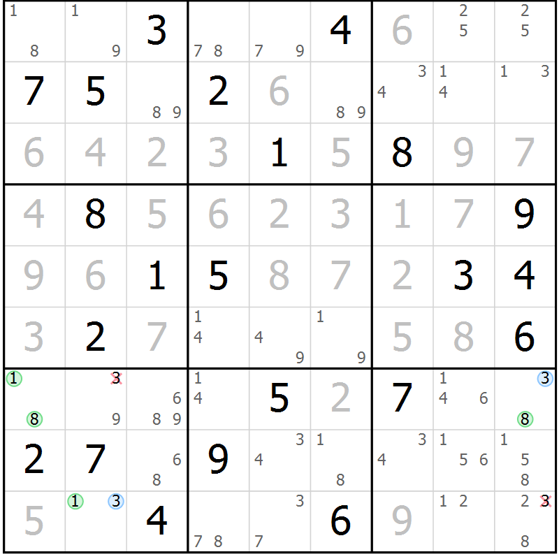 Position des candidats pour la solution de la Gr 25 page 28 du magazine de sudoku Sudoku Suprême n° 040