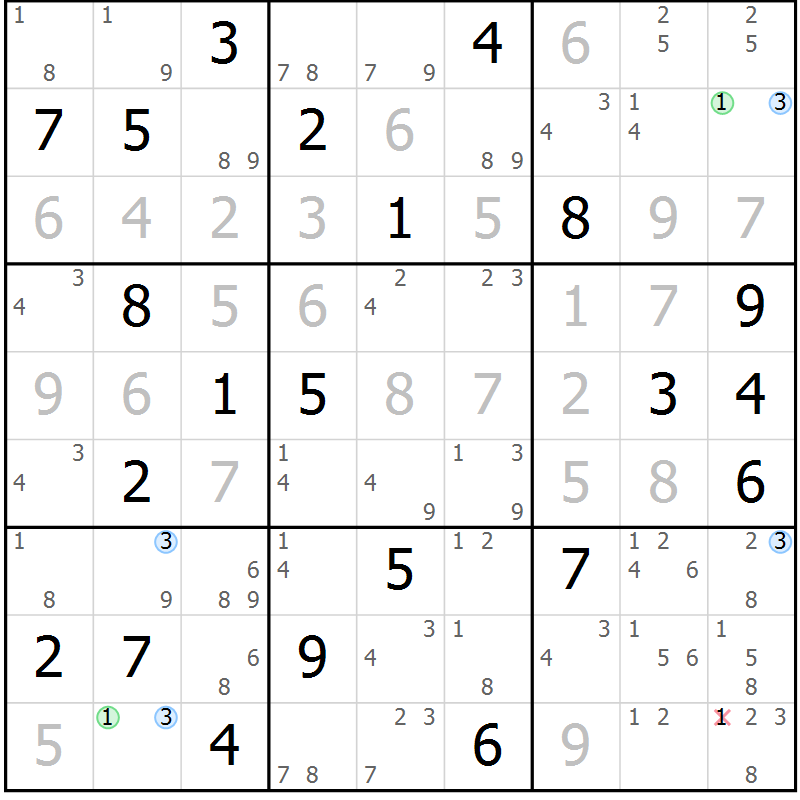 Position des candidats pour la solution de la Gr 25 page 28 du magazine de sudoku Sudoku Suprême n° 040