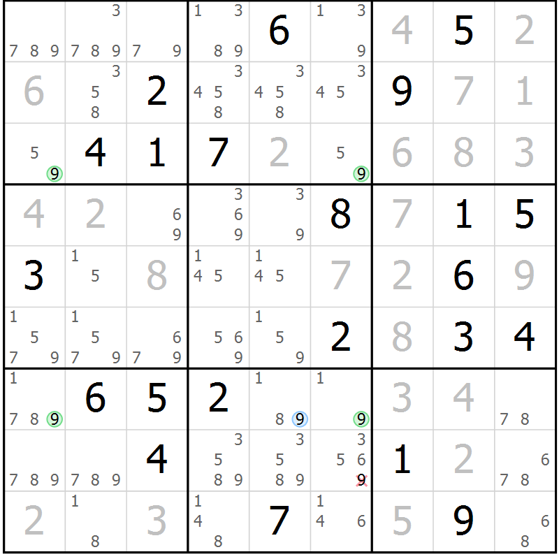 Position des candidats pour la solution de la Gr 28 page 31 du magazine de sudoku Sudoku Suprême n° 040